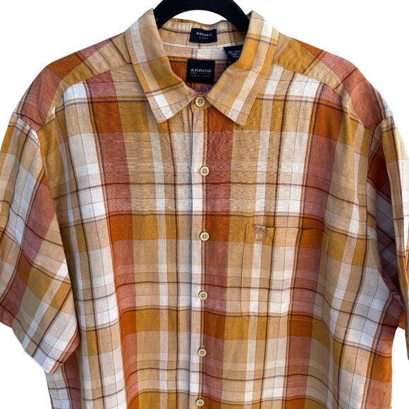 Arrow Mens Orange Plaid Linen Cotton Short Sleeve Button-Up Short Sleeve Shirt L - Picture 3 of 9